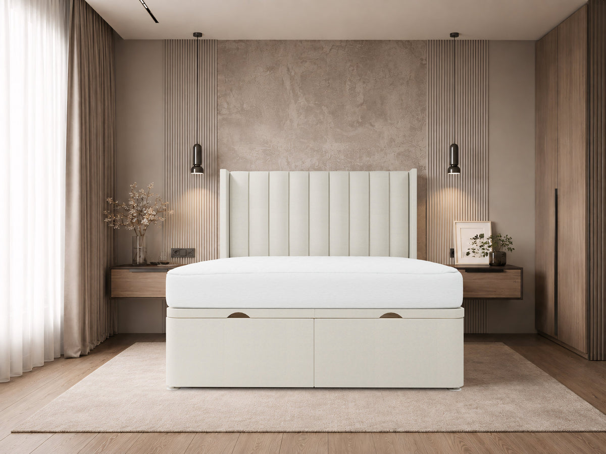 Apollo Luxury Cream Ottoman Divan Bed with Panelled Headboard