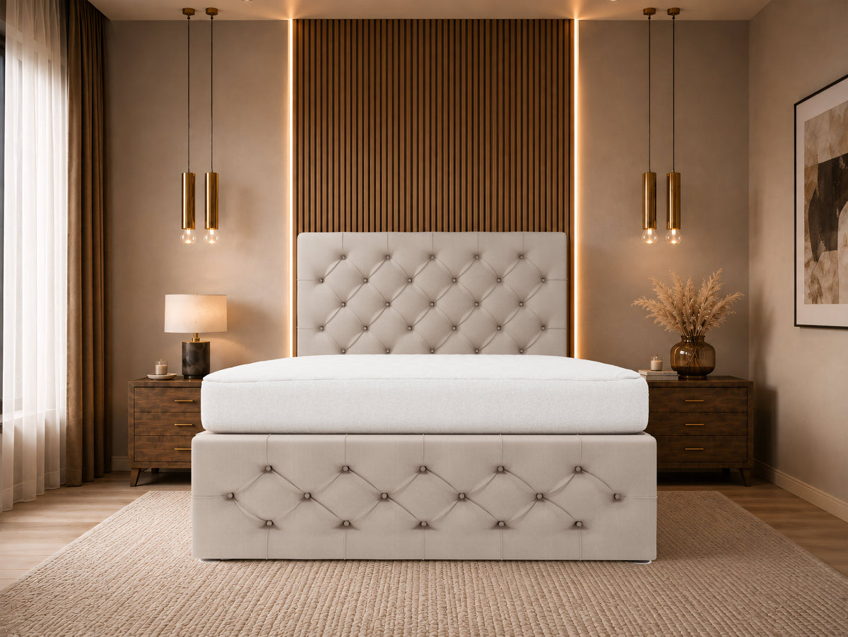 Monaco Luxury Cream Ottoman Divan Bed with Button-Tufted Headboard