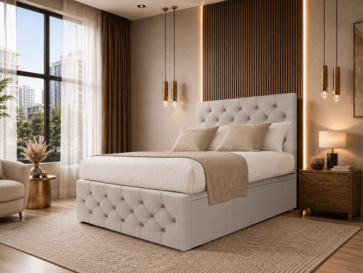 Monaco Luxury Cream Ottoman Divan Bed with Button-Tufted Headboard