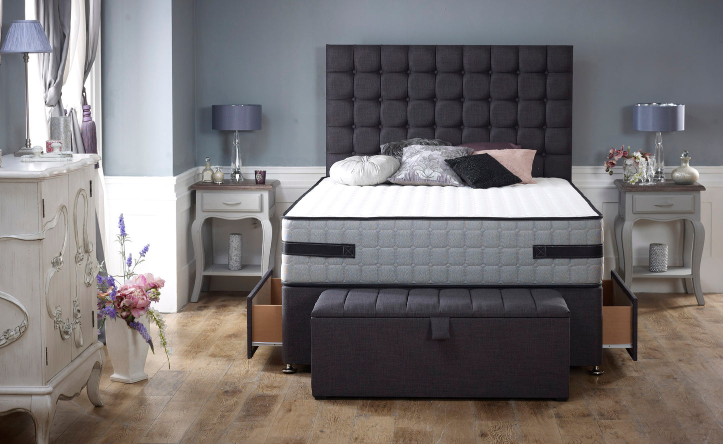 Paris Divan With Luxury Padded Cube Style Headboard