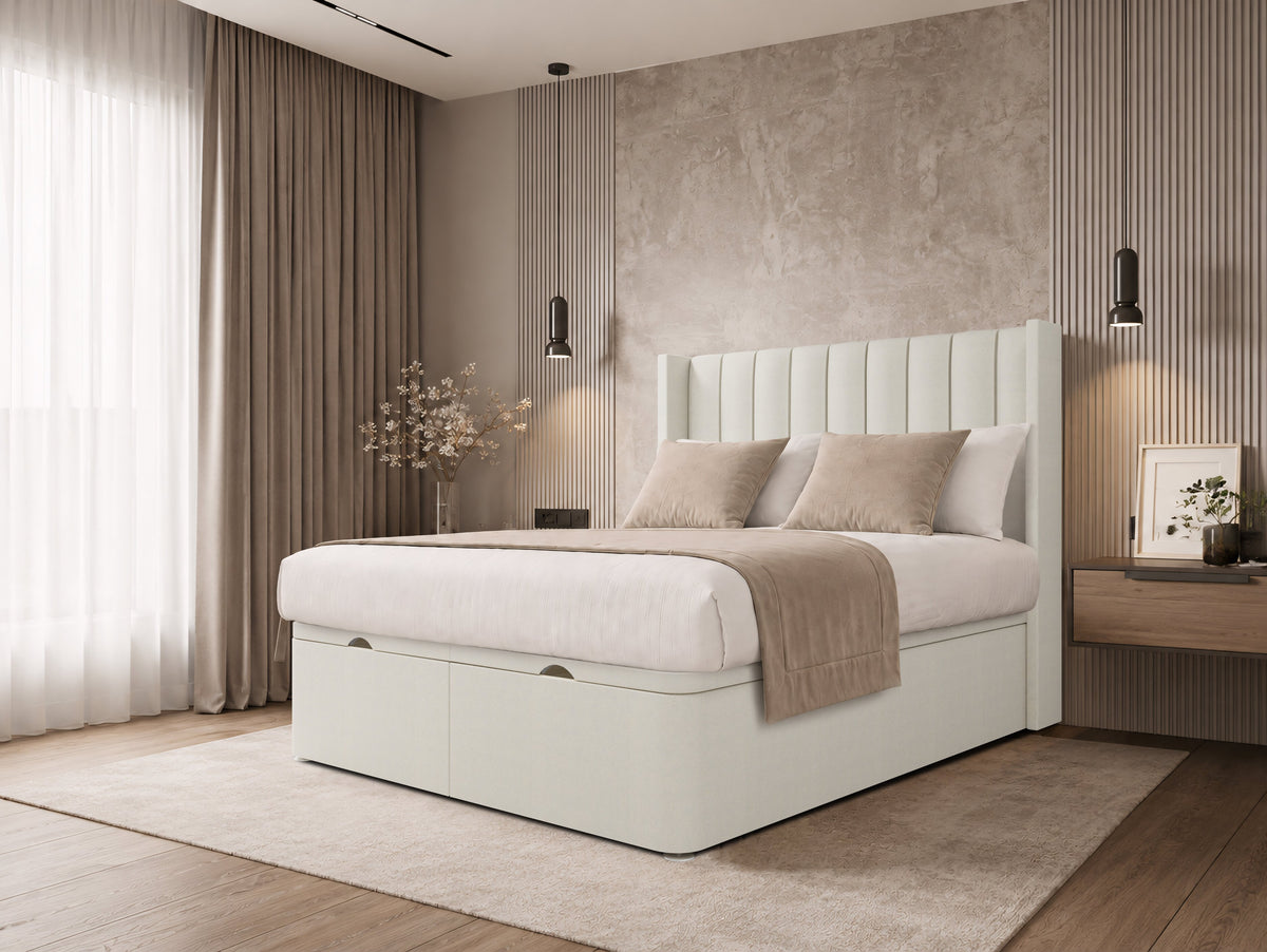 Apollo Luxury Cream Ottoman Divan Bed with Panelled Headboard