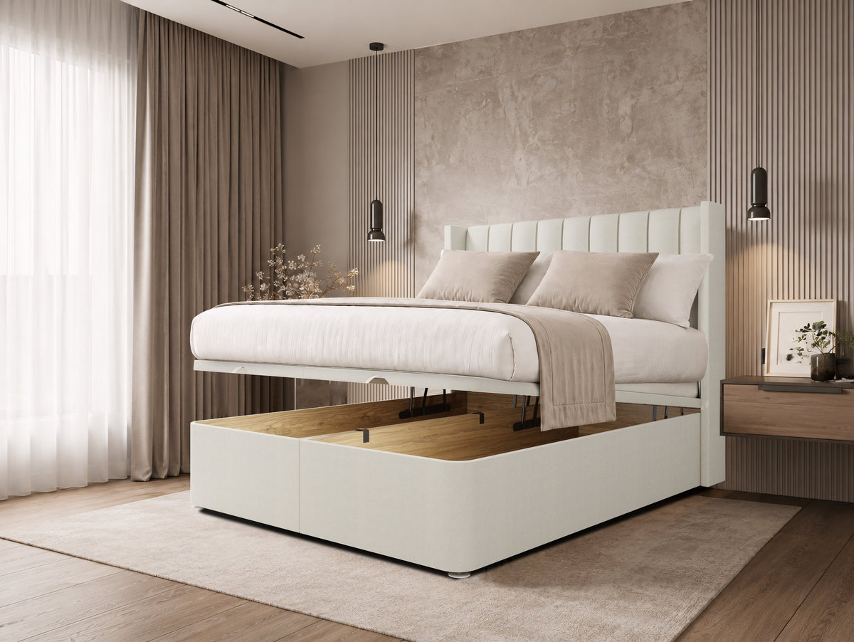 Apollo Luxury Cream Ottoman Divan Bed with Panelled Headboard