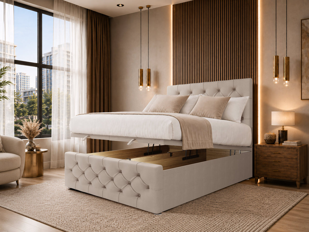 Monaco Luxury Cream Ottoman Divan Bed with Button-Tufted Headboard