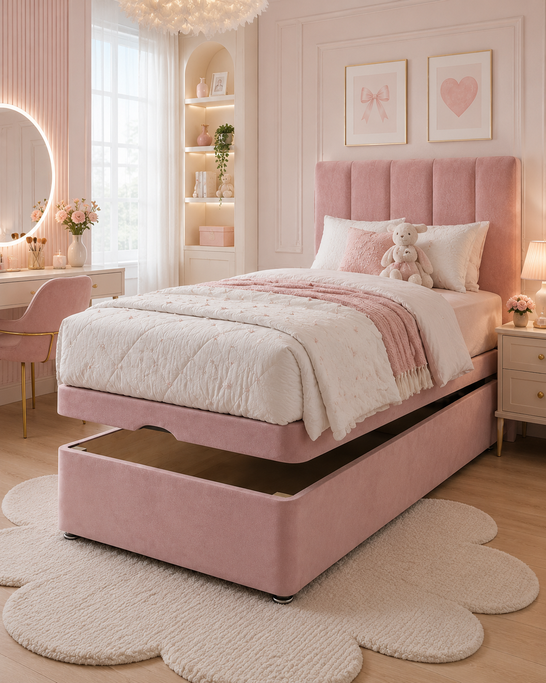 Princess Solid Ottoman Bed With 24" Lined Padded Headboard